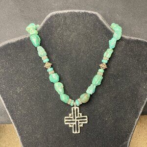 Sterling Silver And Turquoise Cross Necklace 16" Mildly Chunky